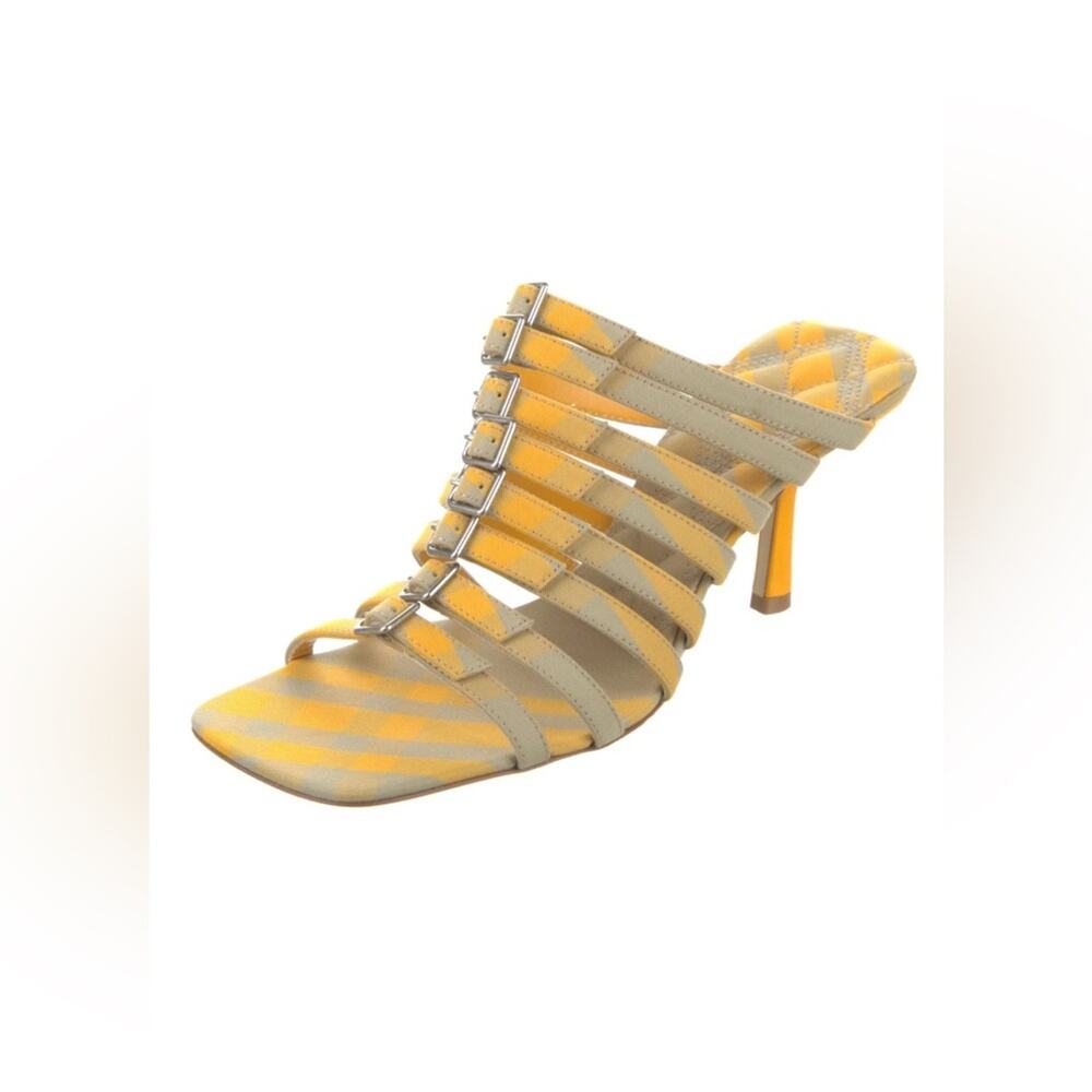 Burberry Carmine Check Sandals Women 8 Yellow Green NEW Buckle Strappy Heel